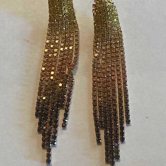 Long Dangle Rhinestone Earrings Yellow, Rust, Brown Gradiant - Picture 2 of 2